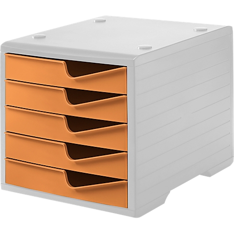 Grey office drawer cabinet with five orange drawers. Small knobs are visible on the top and side.