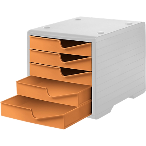 Grey drawer tower with four orange drawers.