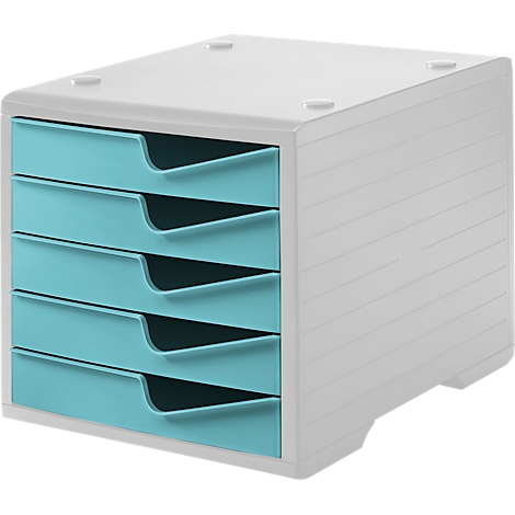 A white drawer system with 5 turquoise drawers. The drawers have a handle cutout.