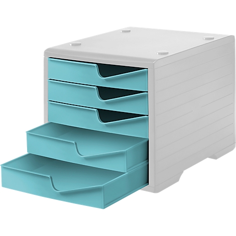 A white drawer system with four light blue drawers pulled out.