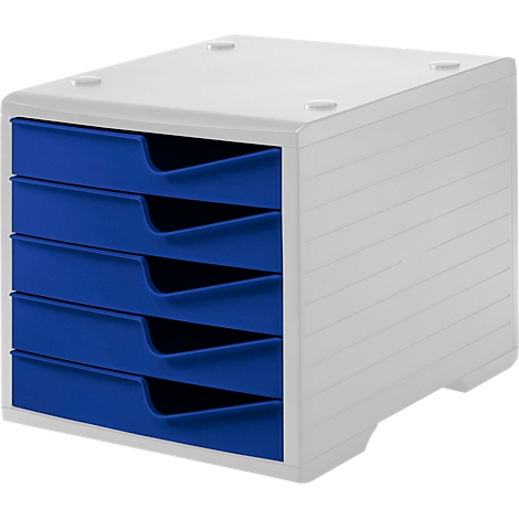 A white, stackable document organizer with four blue drawers.
