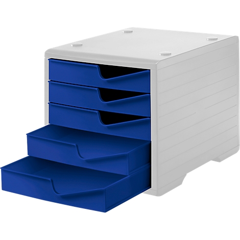 White drawer cabinet with four open, blue drawers. Cabinet has ribbed sides.