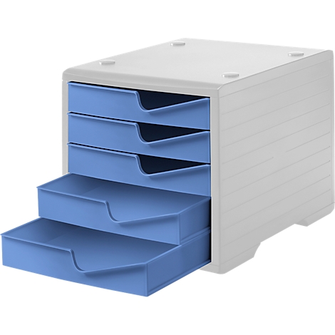 White cabinet with four blue drawers, one is open. There are four small recesses on the cabinet.