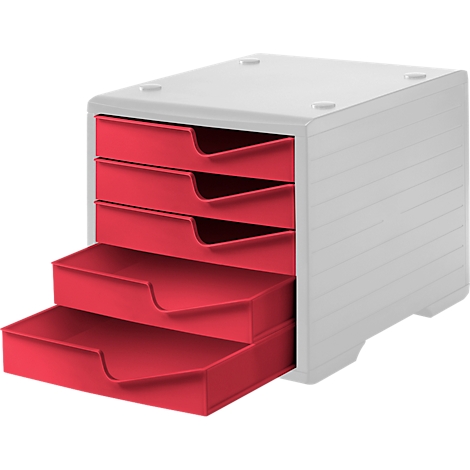 A white file organizer with four red drawers pulled out. The drawers are stacked and slightly angled.