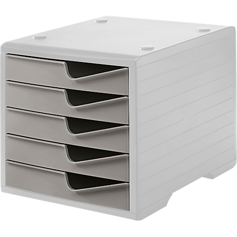 Gray drawer cabinet with five drawers, against a white background. The drawers have an ergonomic recess grip.