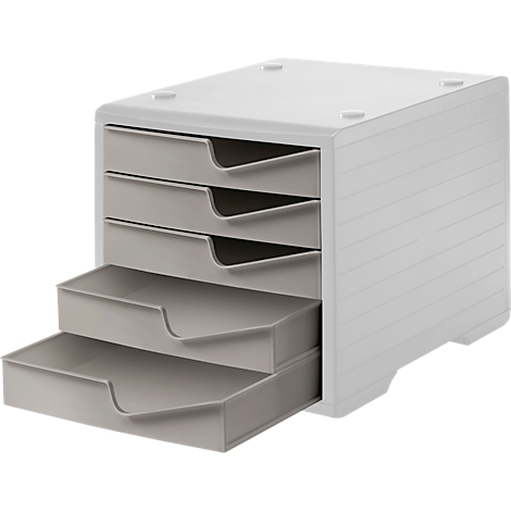 Gray drawer cabinet with four drawers, one partially open.