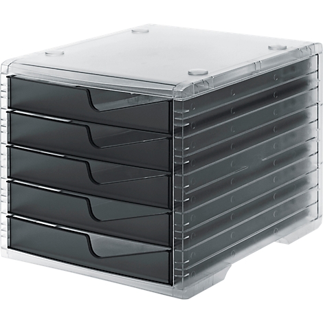 Grey drawer box with five compartments, transparent lid and grey frame.