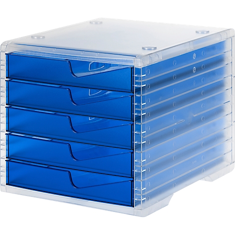 A stackable drawer system with five blue drawers. The casing is transparent.