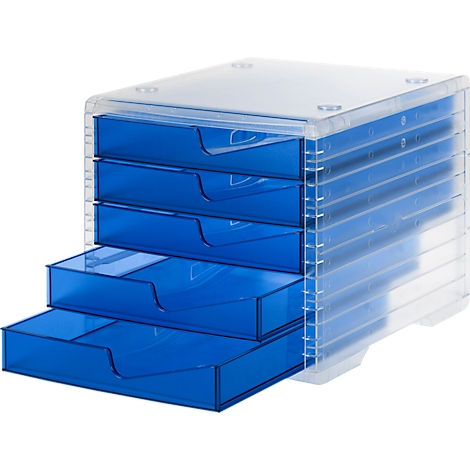 Transparent drawer box with blue drawers. One drawer is slightly open.