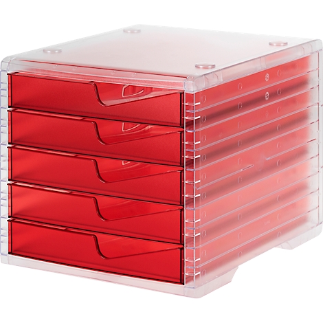 Red drawer cabinet with transparent housing. Five drawers, stacked. Lid with four holes.