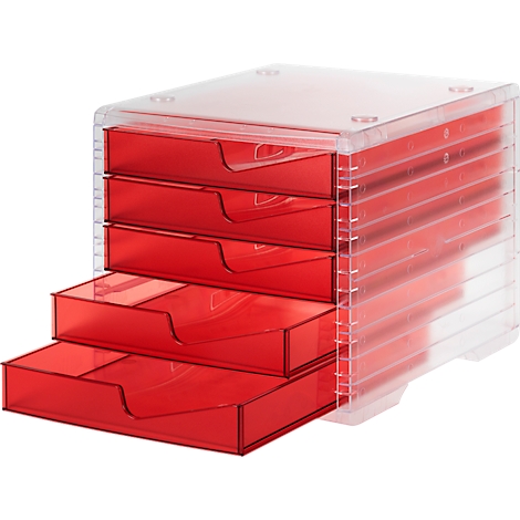 Transparent red drawer organizer. Three drawers are open.
