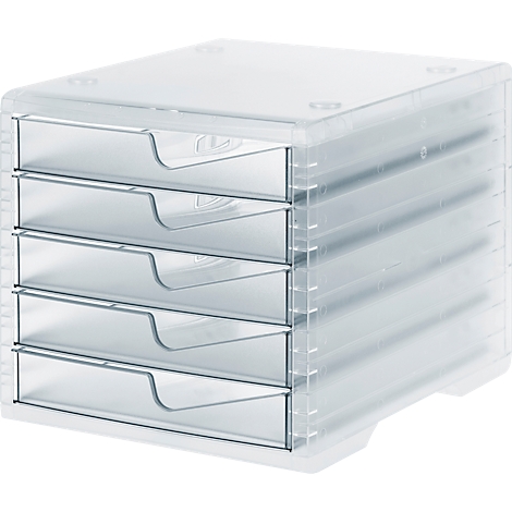 Transparent plastic filing tray with 5 drawers. Metal handles on the drawers. Stackable.