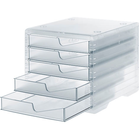 Transparent, stackable desk organizer with five drawers, one is open.