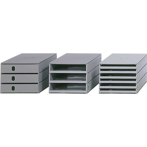 Three gray office storage units: drawers, open shelves, and multiple trays.