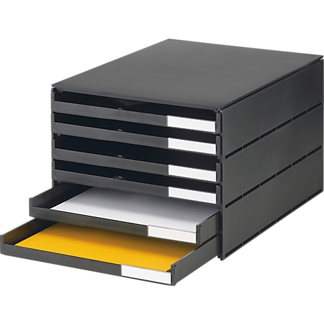 Black filing cabinet with 5 drawers. Two are open, with yellow and white sheets. Each drawer has a label.