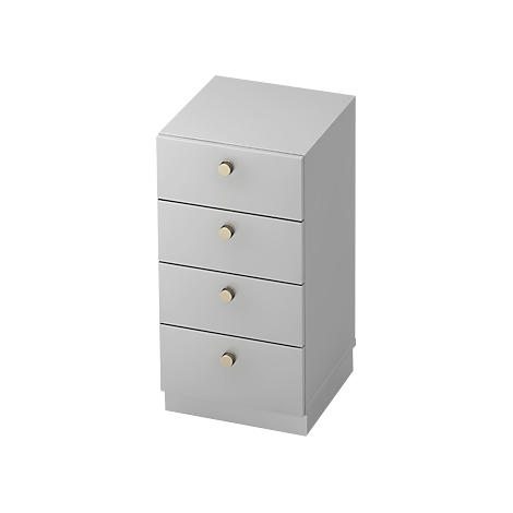 A light grey cabinet with four drawers and golden knobs.