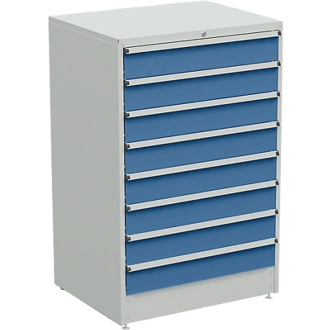 Grey cabinet with blue drawers. Drawers with silver handles. A keyhole is on top.