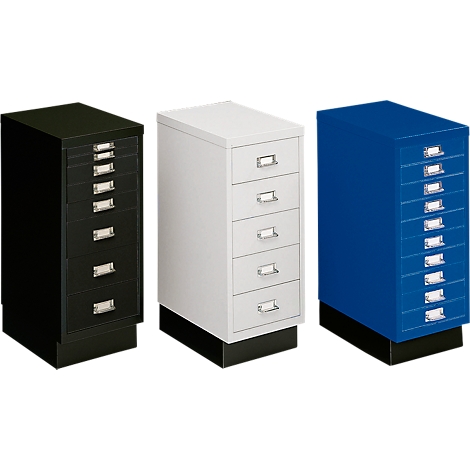 Three file cabinets in black, white, and blue, with drawers and label holders, stand side by side.