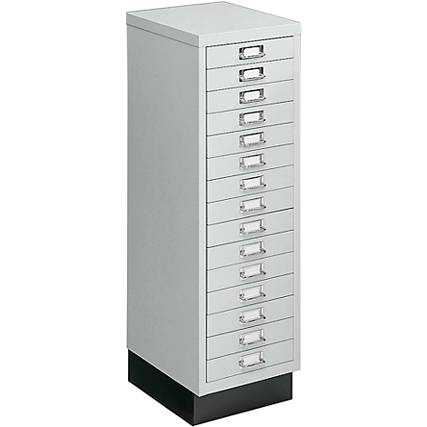 Tall gray filing cabinet with 12 drawers. Each drawer has a silver handle and a name plate.