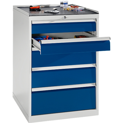 Tool cabinet with an open, blue painted drawer. Tools are placed on top, on a black, ribbed surface.