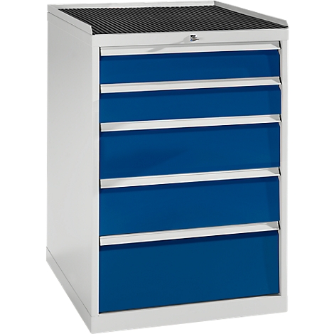 White cabinet with five dark blue drawers. Black, corrugated top.