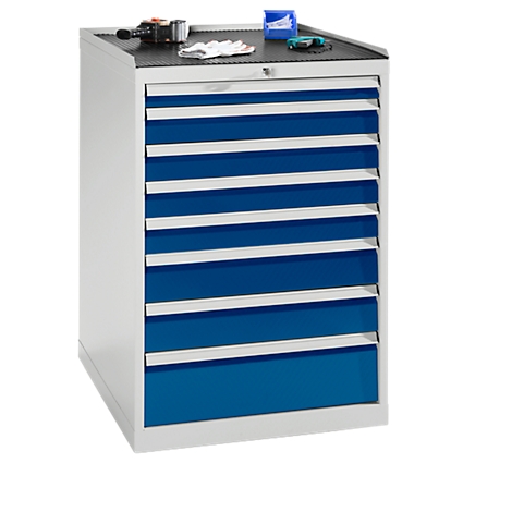 Tool cabinet with blue drawers, white frame, tools and gloves on top.
