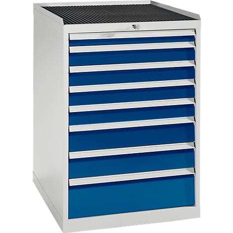 Tool cabinet with white sides and blue drawers, black ribbed top.