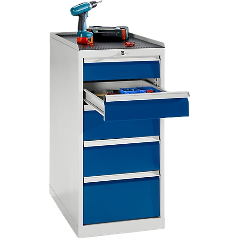 Tool cabinet with drawers, open drawer with tools, tools on top.