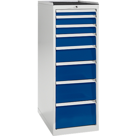 A white tool cabinet with blue drawers. The cabinet is white on top and on the sides. The drawers are blue and separated by white strips.