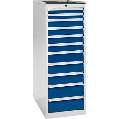 White cabinet with blue drawers. The cabinet has a narrow shape and a closing system.