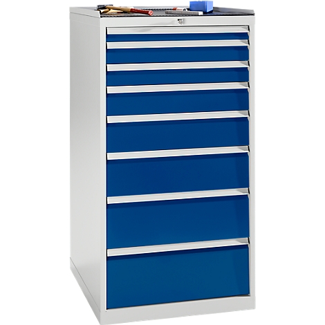 Tool cabinet with blue drawers and tool tray. White case, drawers with white handles.