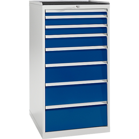 White and blue tool cabinet with 8 drawers. Drawers are blue, frame white, black top.