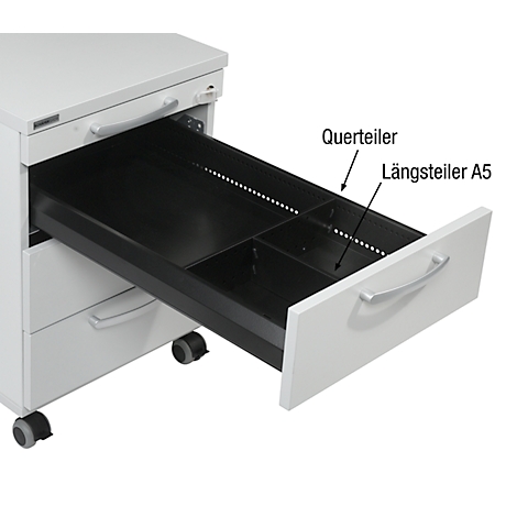 White mobile pedestal, drawer open, black interior division, labeling: Querteiler, Längsteiler A5.