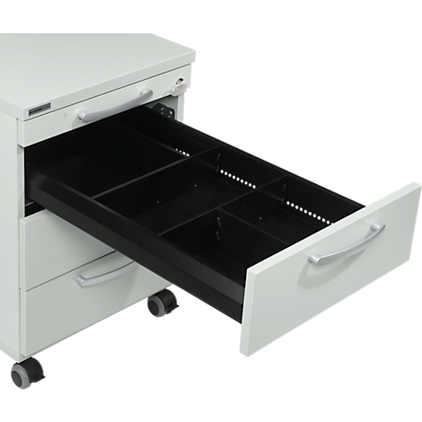 White rolling file cabinet with an open drawer, revealing a black insert with compartments.