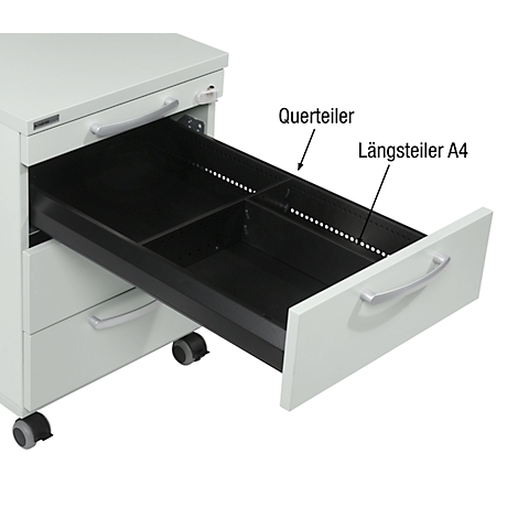 A white mobile pedestal with an open drawer, black interior. Labelling: cross and longitudinal dividers A4.