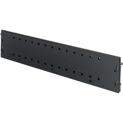 Black metal panel with holes, designed for mounting in a rack.