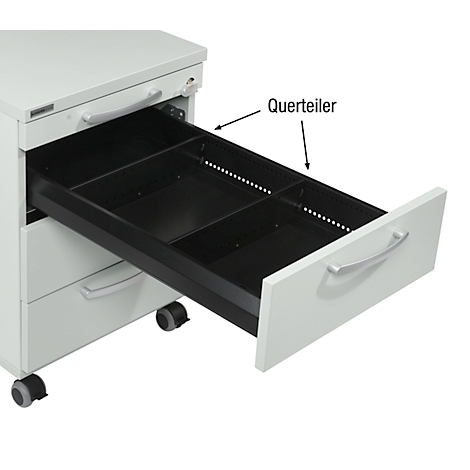 White mobile pedestal with pulled-out black drawer with dividers, handle and label "Querteiler".