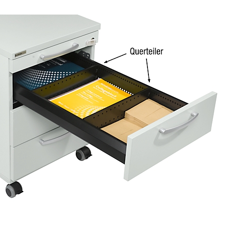 Drawer with dividers, yellow folders, and paper. Text: 'Querteiler'.