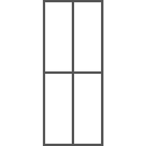 Grey window frame with four white panels.