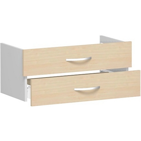 Two drawers of a dresser, top closed, bottom slightly open. Wood look, silver handles, white body.