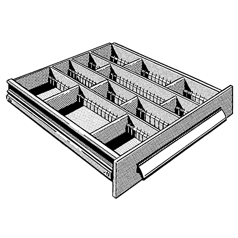 A drawer with multiple compartments, divided by partitions.