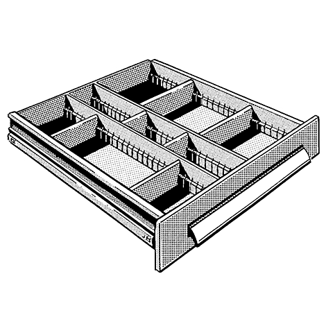 Drawer with dividers for cutlery. Black and white drawing, perspective, detail.