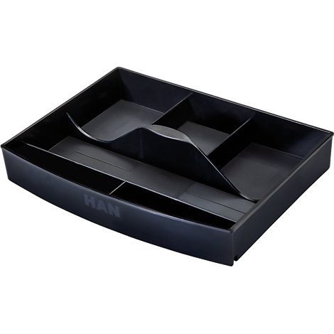 Black drawer organizer tray with compartments and the word HAN. Curved shape, smooth surface.