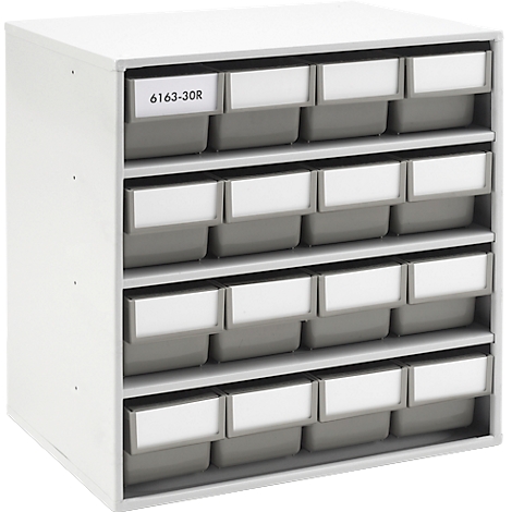 White cabinet with gray drawers. Top left, a sign reads 6163-30R.