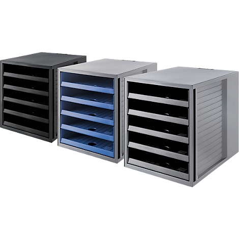 Three file cabinets in black, gray, and light blue with open drawers.