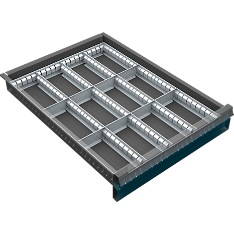 Top view of a rectangular grid structure with multiple compartments.