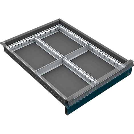 Dark gray drawer with subdivisions. Small white elements are attached to the top, forming the partitions.