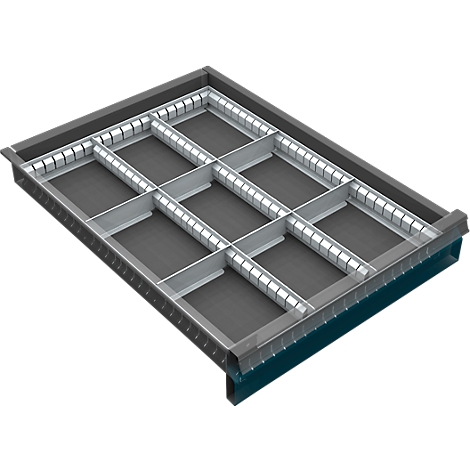A rectangular gray container with compartments, ideal for sorting and storing items.