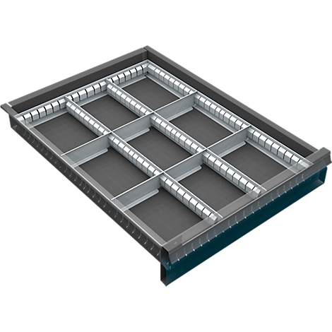A rectangular box with compartments. Gray metal frames form a grid pattern. The compartments are lined with dark material. The box has a raised frame.
