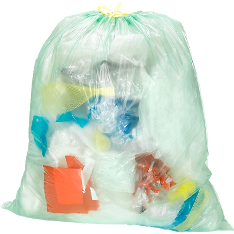 Green garbage bag filled with colorful waste, closed at the top with a yellow band.